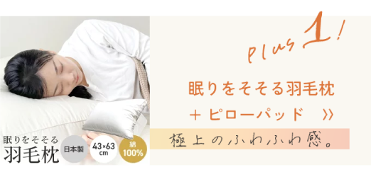 眠りをそそる羽毛枕+ピローパッド    〉〉極上のふわふわ感。